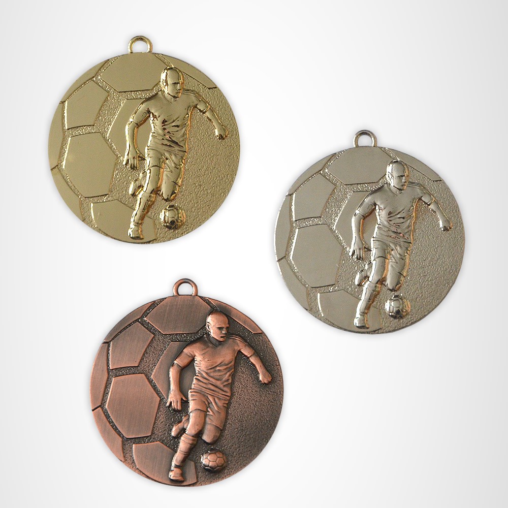 Fußballmedaillen in Gold,Silber,Bronze mit Motiv "Fußballschuh+Ball" 43x50 mm 